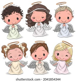 Set of Cute Cartoon Christmas angels isolated on white background