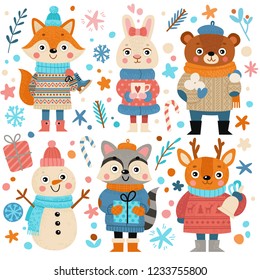 Set of cute cartoon Christmas animals in hats and sweaters. Fox cub, hare, bear, snowman, raccoon, baby deer in winter clothes.