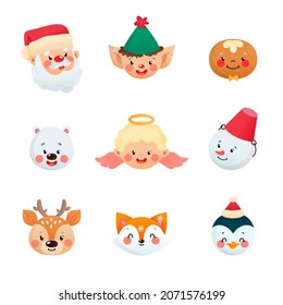 Set of cute cartoon Christmas character icons. Collection of funny faces of a Santa Claus, a deer, a gingerbread man, an angel, an elf, a snowman, a fox, a polar bear and a penguin. 