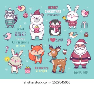 Set of cute cartoon Christmas characters, colorful vector illustration with cute animals and Santa wishing Merry Christmas