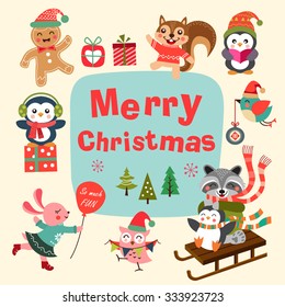 Set of cute cartoon Christmas characters. Vector illustration.