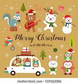 Set Of Cute Cartoon Christmas Characters. Vector Illustration