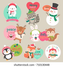 Set Of Cute Cartoon Christmas Characters For Sticker, Badges, Card, Tag Design