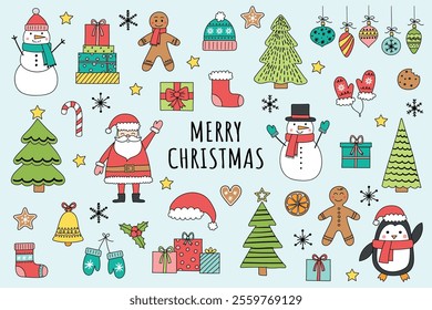 Set with cute cartoon Christmas decorations. X-mas clip arts: Santa Claus, snowman, cookie and tree. Vector illustration