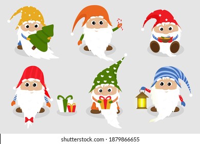 Set of a cute cartoon Christmas gnome. Cute Scandinavian gnomes in Christmas hats in cartoon style. Collection of gnomes Christms isolated. Vector illustration
