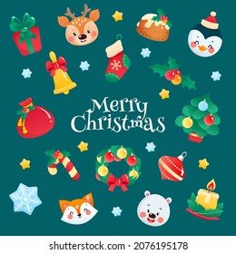 Set of cute cartoon Christmas icons. Collection of funny animals and winter holiday symbols on a dark background with "Merry Christmas" text. Christmas greeting. Vector illustration 10 EPS.