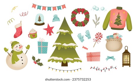 Set of cute cartoon Christmas and New Year elements with Christmas tree, garlands, wreath, holly, snowman, lantern, stocking, sweater, star, gifts, candy, lights