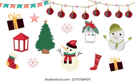 Set of cute cartoon Christmas and New Year elements with Christmas tree, garlands, wreath, holly, snowman, lantern, stocking, sweater, star, gifts, candy, lights