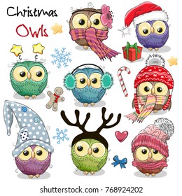 Set of cute cartoon Christmas owls on a white background