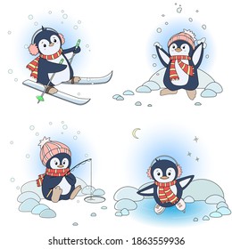 Set of cute cartoon christmas penguins for children. Holidays with penguins in red scarves and hats. Vector illustration on white background