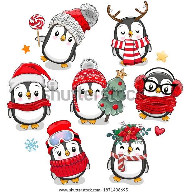 Set Cute Cartoon Christmas Penguins On Stock Vector (Royalty Free ...