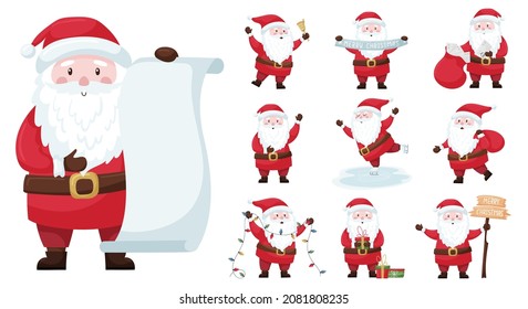 A set of cute cartoon Christmas Santa in a red suit and hat. Carries gifts, skates, holds a bell, a garland, receives letters. Adorable smiling character. Flat style. Isolated on white. Color vector