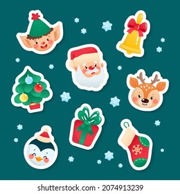 Set Cute Cartoon Christmas Stickers Collection Stock Vector (royalty 