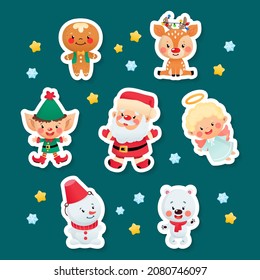 Set of cute cartoon Christmas stickers. Collection of funny characters on a dark background: Santa Claus, an elf, a gingerbread man, a snowman, an angel, a deer and a little polar bear. 