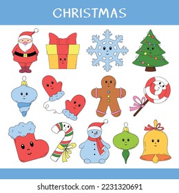 Set of cute cartoon Chritmas symbols. Vector collection