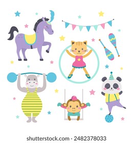 conjunto de animales y Elementos de circo de dibujos animados lindos, acróbata gato y mono, hombre fuerte hipopótamo, panda en bola, caballo con penacho, Ilustración vectorial plana