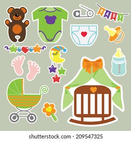 A set of cute cartoon clipart elements for newborn baby.Baby cartoon icons,clipart,scrapbooking elements.Vector illustration