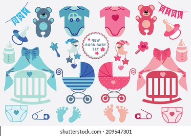A set of cute cartoon cliparts for newborn baby  boy and girl.Baby cartoon icons,clipart,scrapbooking elements .Vector illustration