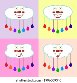 Set of cute cartoon clouds with colorful raindrops and funny faces for kids room decor, card, interior, scrapbooking and other design ideas. Vector drawing.