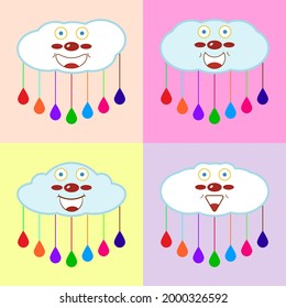 Eine Reihe süßer Cartoonwolken mit farbenfrohen Regentropfen und lustigen Gesichtern für Kinderzimmer-Dekoration, Card, Interieur, Scrapbooking und andere Design-Ideen. Vektorgrafik.