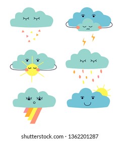 Set of cute cartoon clouds: rain cloud; thunder cloud; cloud witn sun; cloud with rainow. Art can be used for children books, printing, wallpaper. 