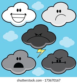 Set of cute cartoon clouds in a variety of moods. 