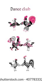 Set of cute cartoon cockerels and hens. Vector illustration. Year of the rooster. 2017. Collection of dancing hen and rooster stickers.