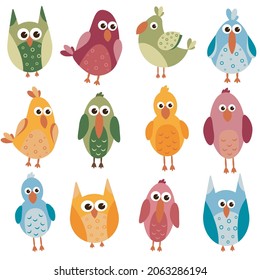 set of cute cartoon colored birds in hand drawn style vector illustration. lovely baby pictures for decor