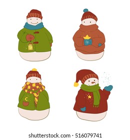 Set of cute cartoon colored christmas snowmen wearing winter clothes. Hand drawn vector illustration