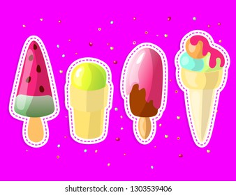 Set of cute cartoon colored Ice cream collection. Ice cream set with watermelon, strawberry and green tea ice cream sundae, ice-cream cone with bubble gum, orange and mint scoops isolated on white