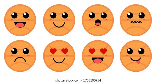 Set of cute cartoon colorful basket ball with different emotions. Funny emotions character collection for kids. Fantasy characters. Vector illustrations, cartoon flat style