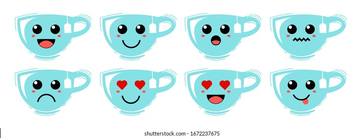 Set of cute cartoon colorful blue tea mug with different emotions. Funny emotions character collection for kids. Fantasy characters. Vector illustrations, cartoon flat style