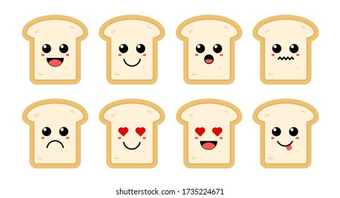 Set of cute cartoon colorful bread with different emotions. Funny emotions character collection for kids. Fantasy characters. Vector illustrations, cartoon flat style