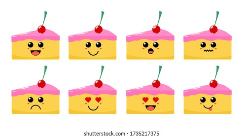 Set of cute cartoon colorful cake with different emotions. Funny emotions character collection for kids. Fantasy characters. Vector illustrations, cartoon flat style.