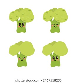 Set of cute cartoon colorful delicious green broccoli  with different emotions. Funny emotions character collection for kids. Fantasy characters. Vector illustrations, cartoon flat style.