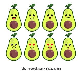 Set of cute cartoon colorful green cut half green avocado with different emotions. Funny emotions character collection for kids. Fantasy characters. Vector illustrations, cartoon flat style