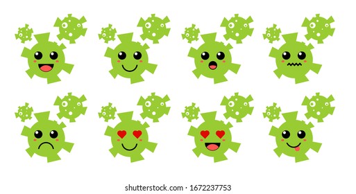Set of cute cartoon colorful green virus with different emotions. Funny emotions character collection for kids. Fantasy characters. Vector illustrations, cartoon flat style