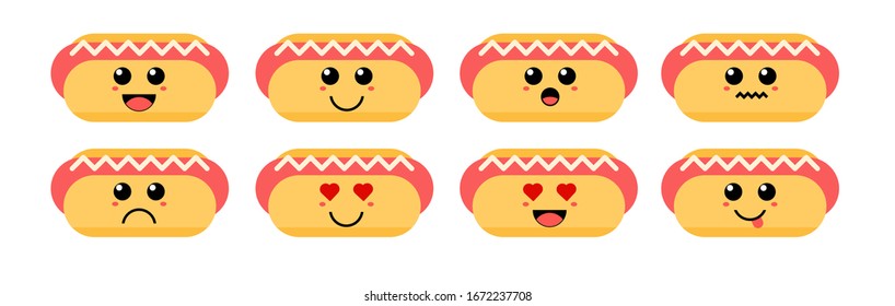 Set of cute cartoon colorful hot dog with different emotions. Funny emotions character collection for kids. Fantasy characters. Vector illustrations, cartoon flat style