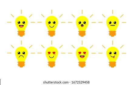 Set of cute cartoon colorful lamp light with different emotions. Funny emotions character collection for kids. Fantasy characters. Vector illustrations, cartoon flat style