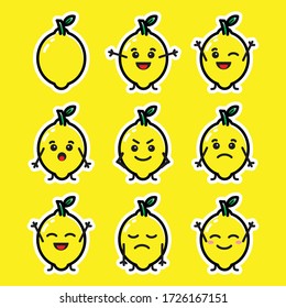 Set of cute cartoon colorful lemon with different emotions. Funny emotions character collection for kids. Fantasy characters. Vector illustrations, cartoon flat style. You can use for your mascot.