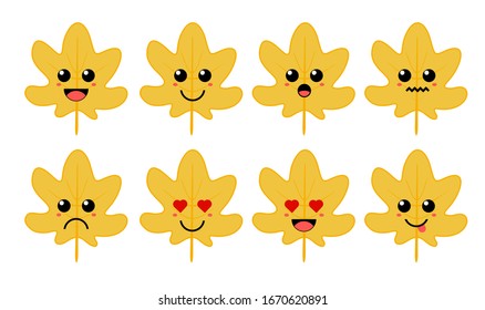 Set of cute cartoon colorful maple leaf with different emotions. Funny emotions character collection for kids. Fantasy characters. Vector illustrations, cartoon flat style