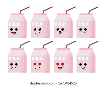 Set of cute cartoon colorful milk package with different emotions. Funny emotions character collection for kids. Fantasy characters. Vector illustrations, cartoon flat style