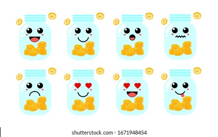 Set of cute cartoon colorful money box jar with different emotions. Funny emotions character collection for kids. Fantasy characters. Vector illustrations, cartoon flat style