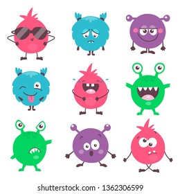 Set of cute cartoon colorful monsters with different emotions. Funny emoticons emojis collection for kids. Fantasy characters. Vector illustrations, cartoon flat style. 