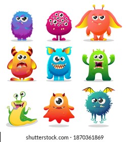 Set of cute cartoon colorful monsters with different emotions.Funny monsters big colorful collection with bull scared plant peanut