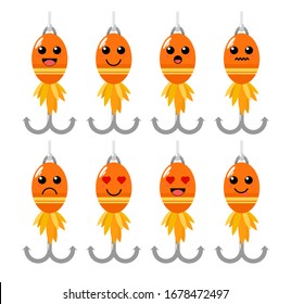 Set of cute cartoon colorful orange fish bait with different emotions. Funny emotions character collection for kids. Fantasy characters. Vector illustrations, cartoon flat style