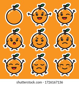 Set of cute cartoon colorful orange with different emotions. Funny emotions character collection for kids. Fantasy characters. Vector illustrations, cartoon flat style. You can use for your mascot.