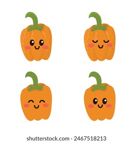 Set of cute cartoon colorful orange sweet peppers with different emotions. Funny emotions character collection for kids. Fantasy characters. Vector illustrations, cartoon flat style.