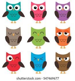Set of cute cartoon colorful owls with various emotions