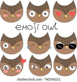 Set of cute cartoon colorful owls with various emotions